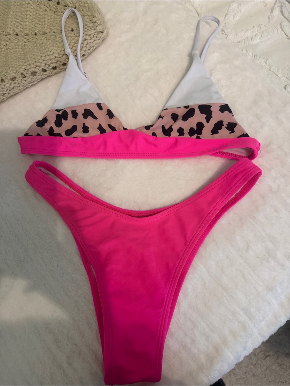 Neon Pink Leopard Accent Triangle Bikini Set